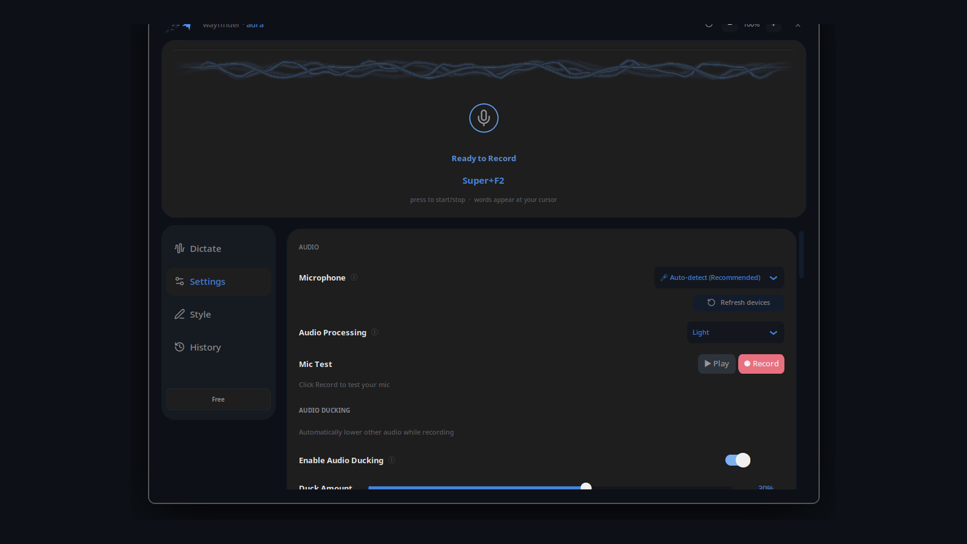 Audio settings showing microphone selection and audio ducking
