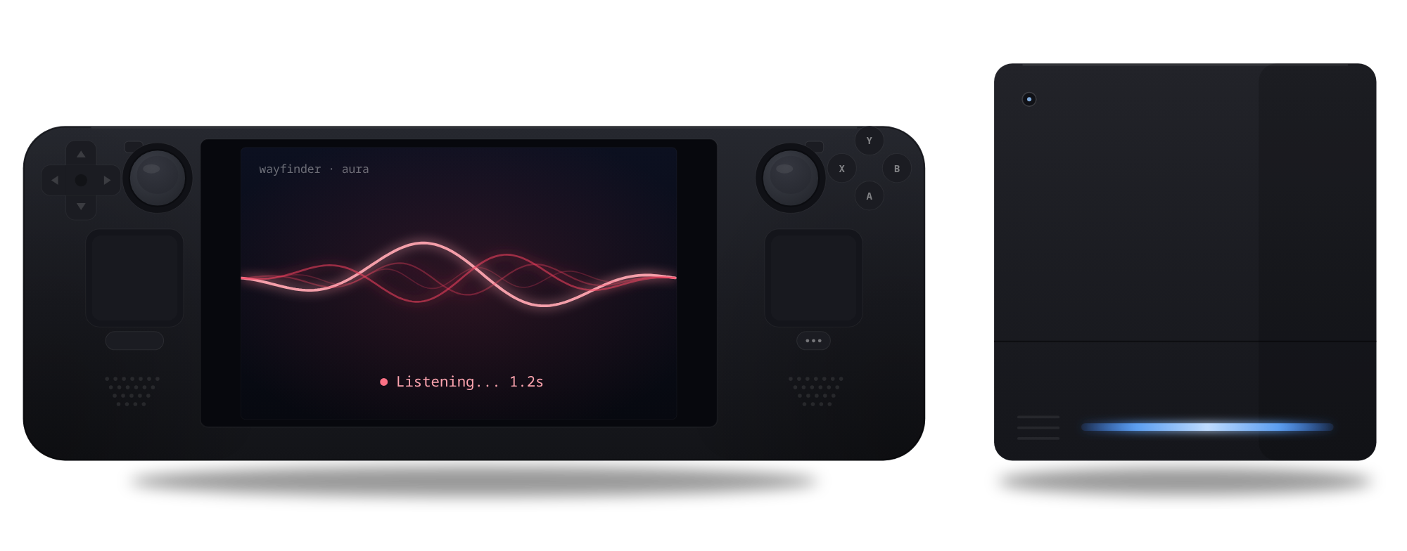 Illustration of a Steam Deck and the 2026 Steam Machine, with Wayfinder Aura listening on the Deck screen